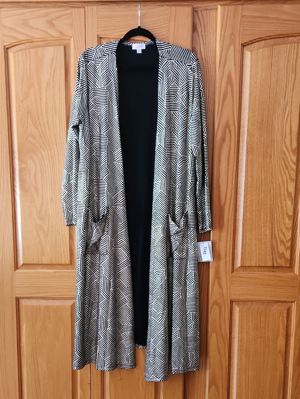 LuLaRoe Black & Gold Geometric Long Duster Cardigan